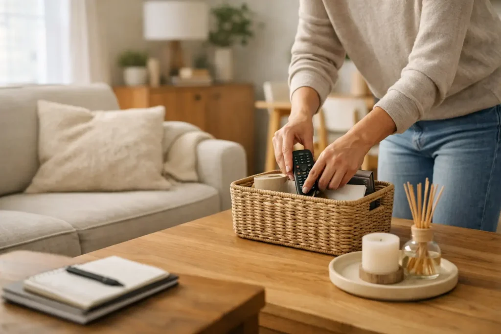 person placing remote control into basket during a 10 minute daily organization habit in a clean living room