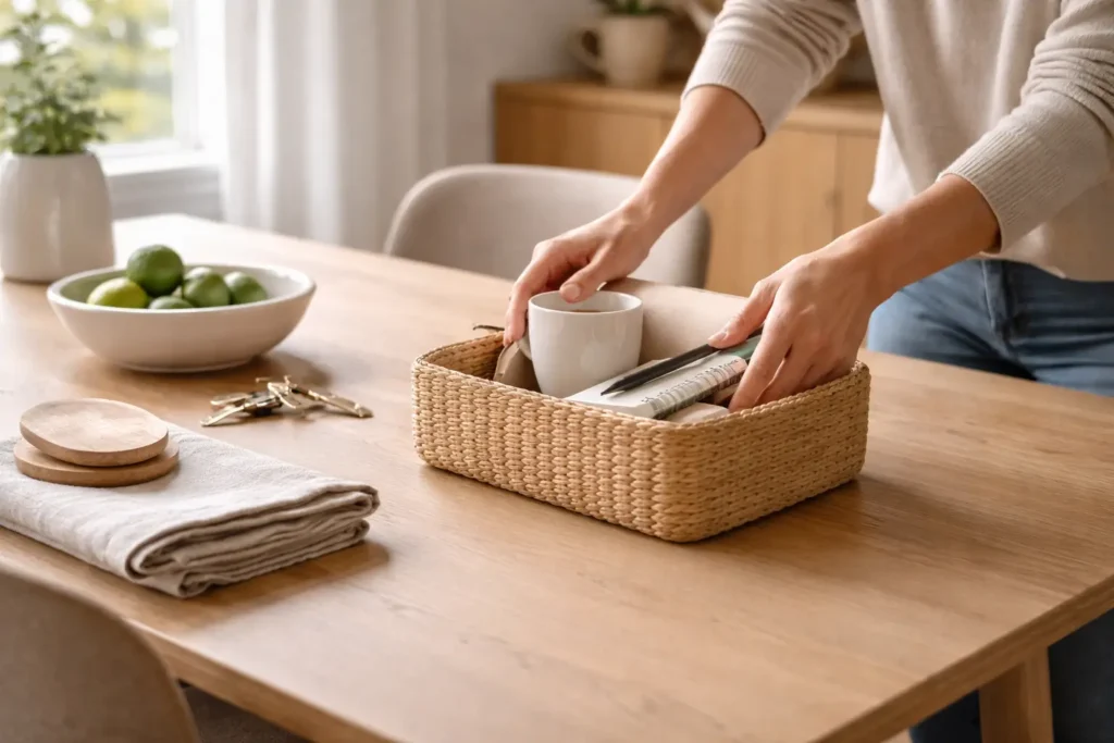 15 minute home reset routine clearing a dining table in a minimalist home