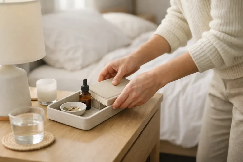 person organizing bedside table with tray during a daily home reset routine