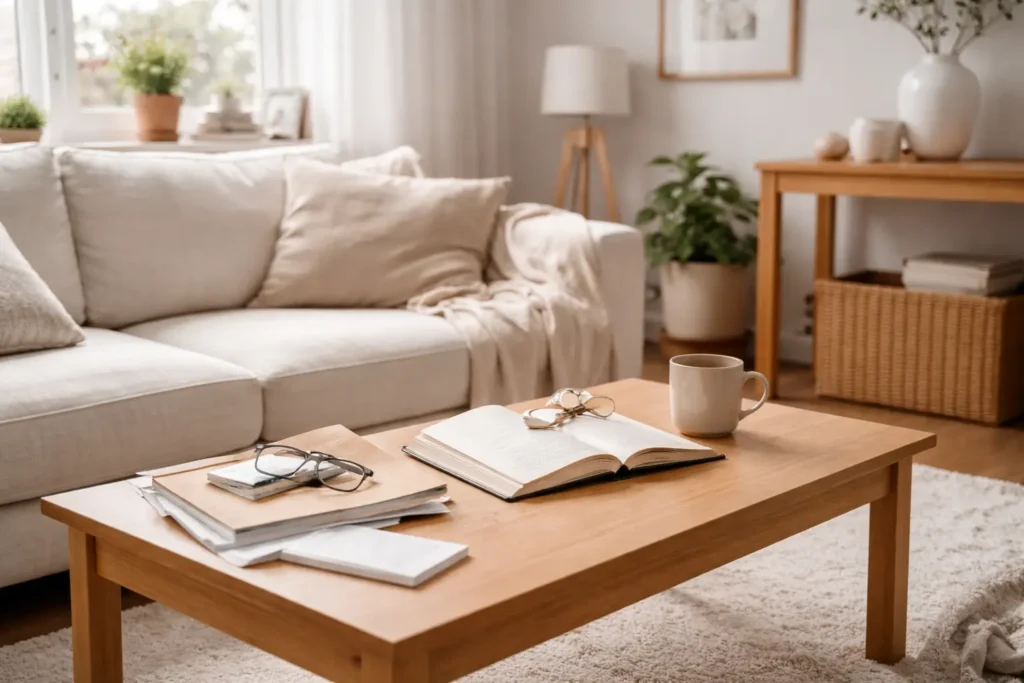 living room coffee table with books, papers and everyday items showing how clutter builds up over time