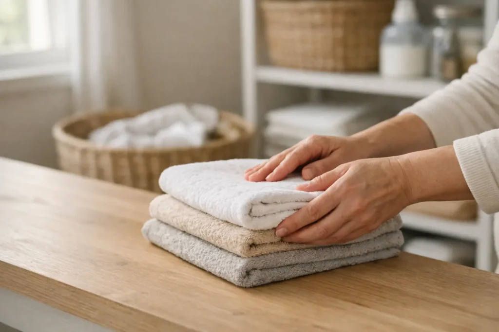 hands folding clean towels as part of daily habits of organized people home