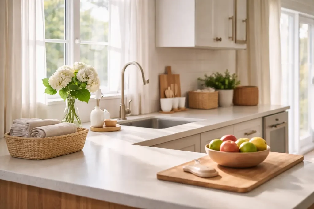 Clean and organized kitchen counter with natural light as part of a nightly home reset routine