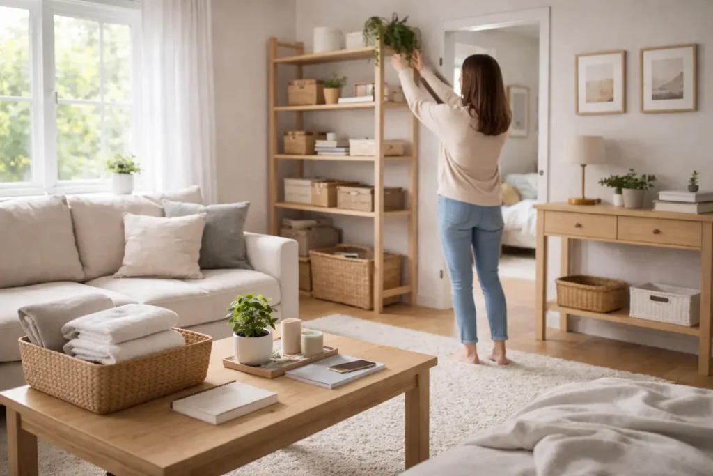 Person organizing a bookshelf in a bright minimalist living room as part of a daily home reset routine