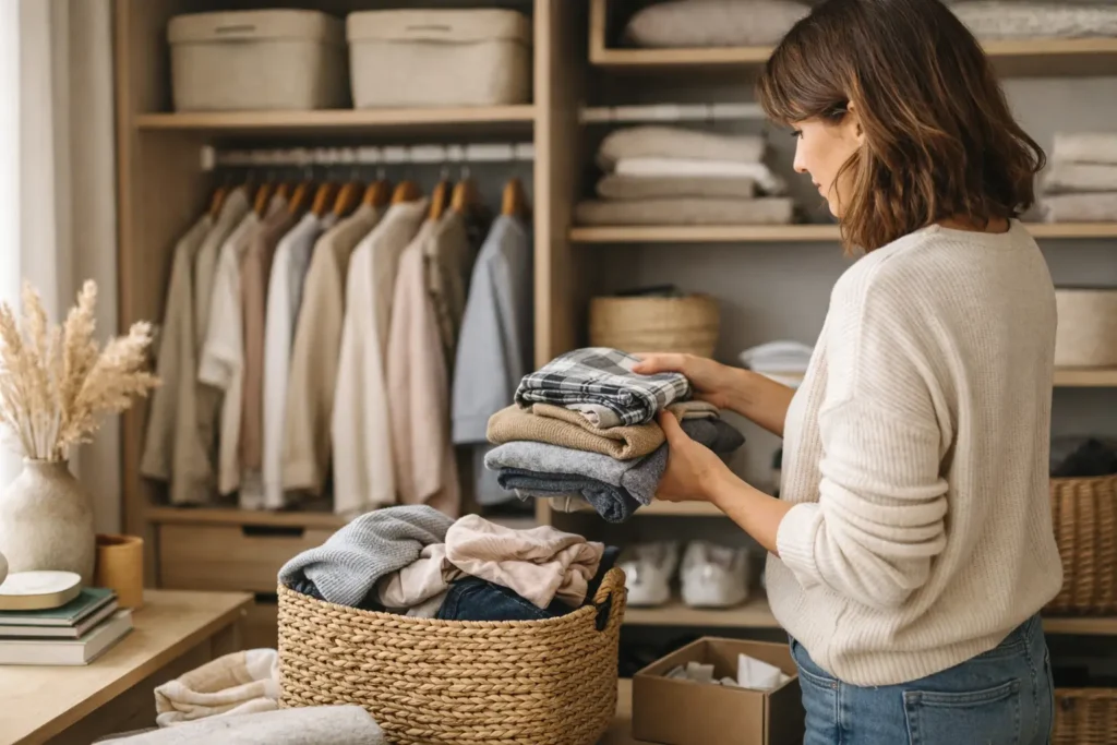 woman decluttering clothes in an organized closet as part of a home organization routine