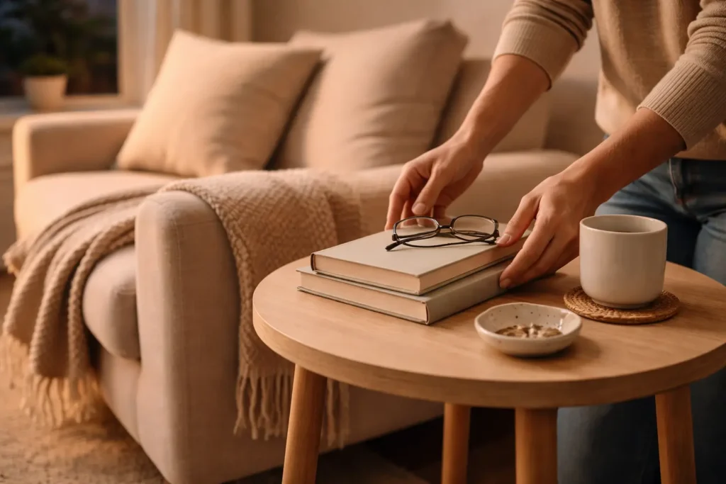 evening habits for organized home routine organizing a living room side table at night