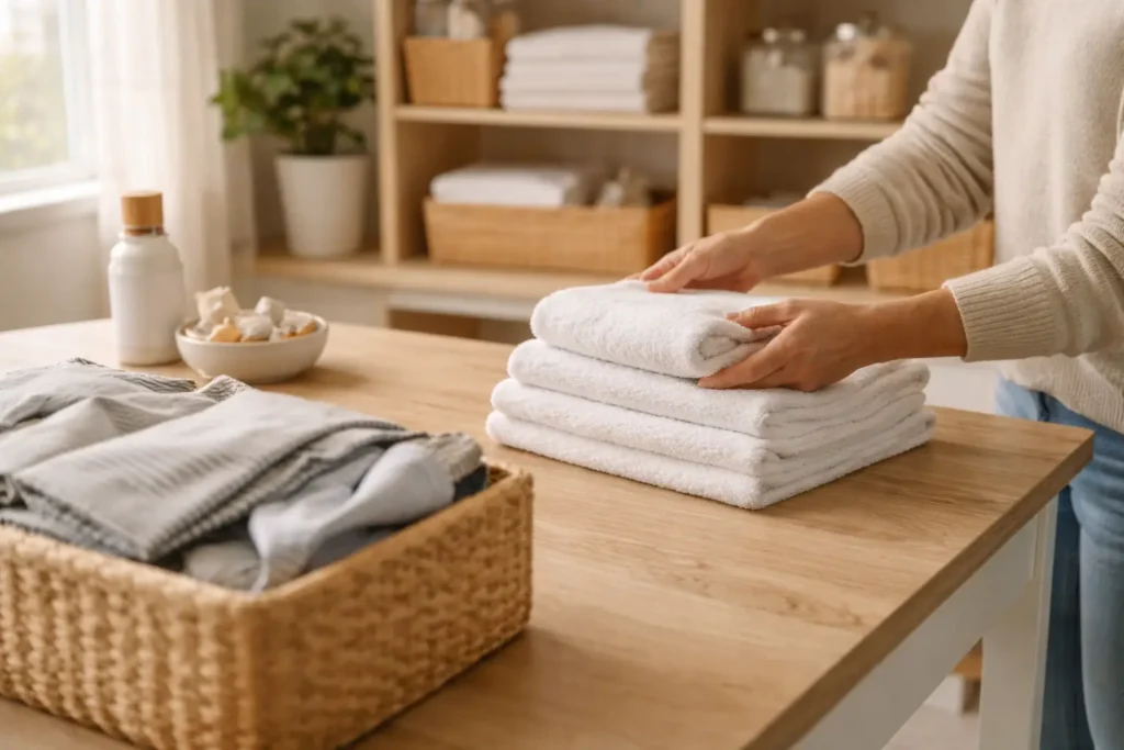 person folding clean towels as part of habits that make housework easier