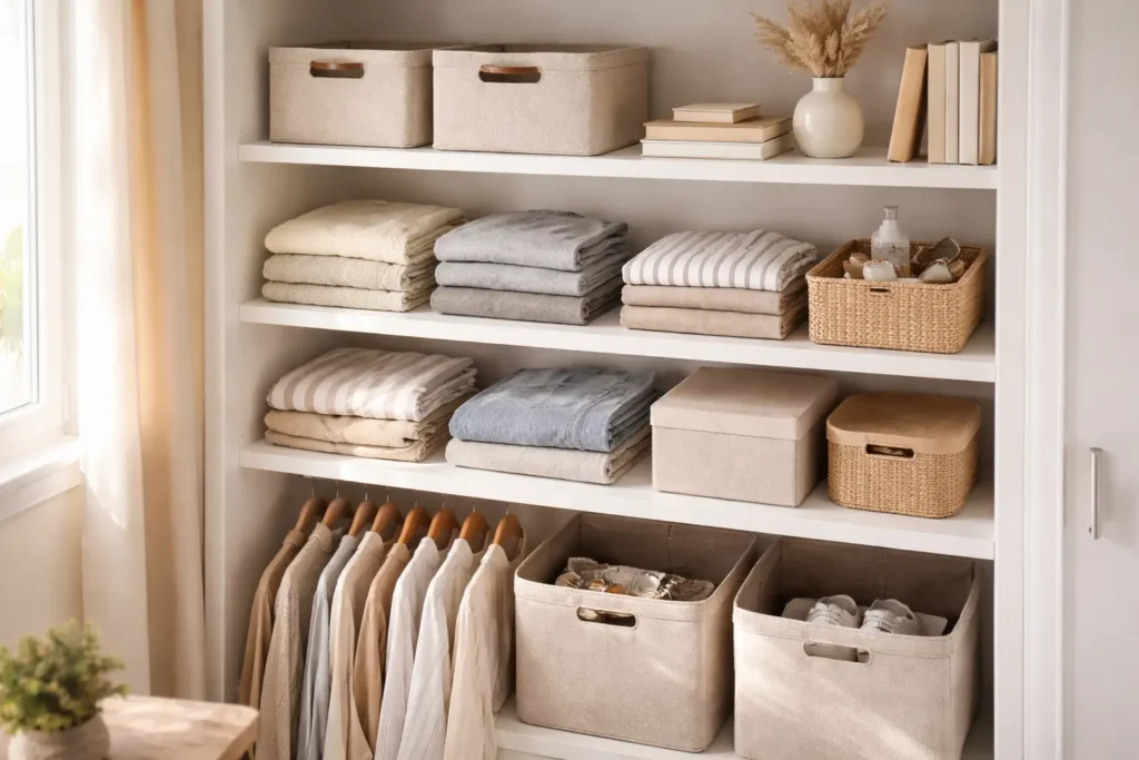 neatly organized closet shelves with folded clothes and storage boxes in a functional home organization method