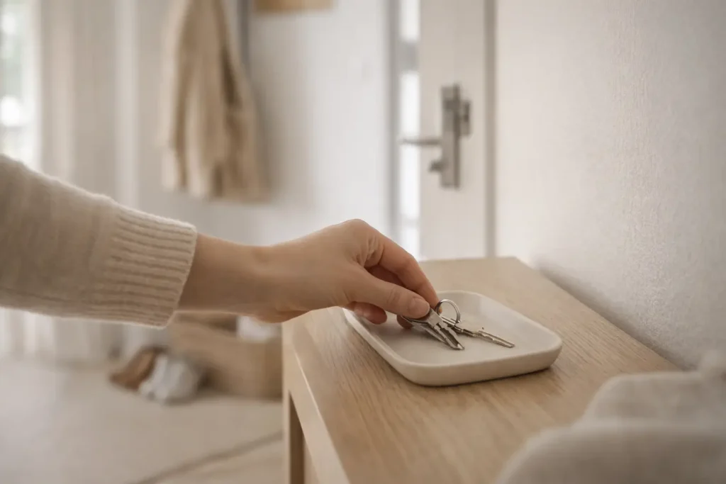 person placing house keys on a tray in an entryway illustrating the habit that prevents clutter