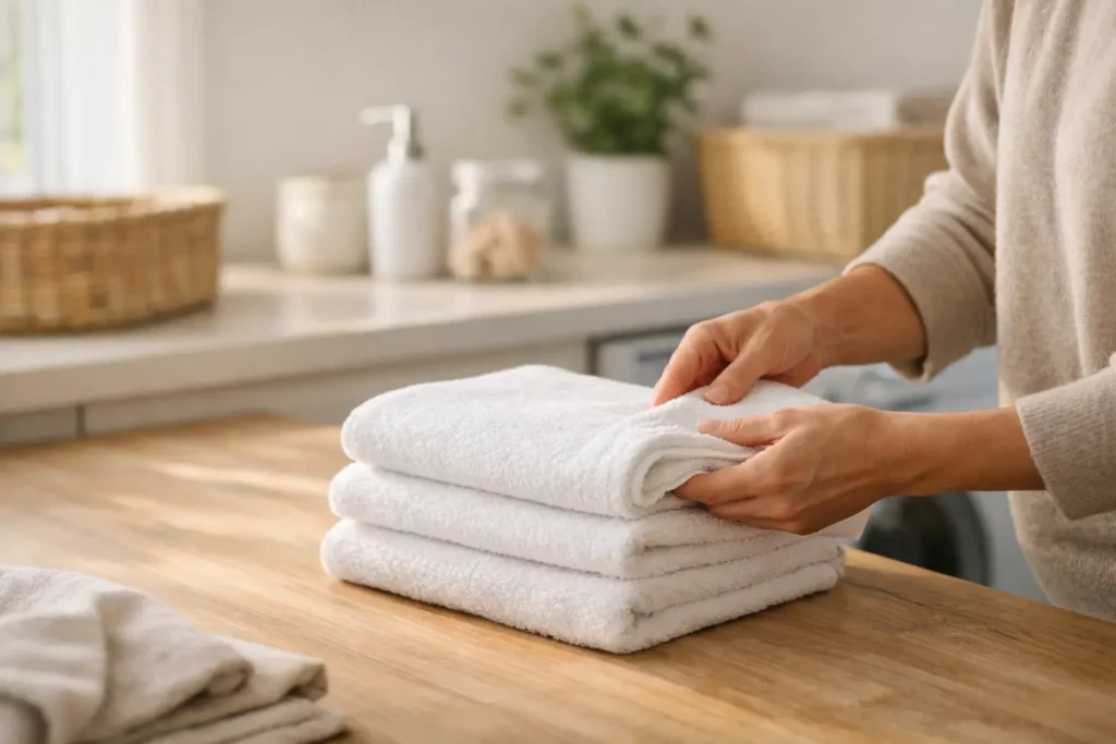 person folding clean towels in a minimalist laundry room as part of habits to keep house clean