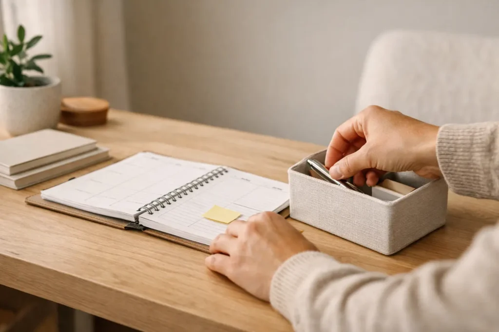 hands organizing planner on desk as part of a home organization blueprint system