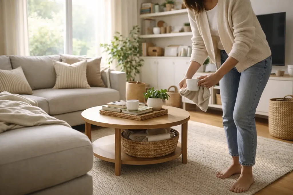 Woman organizing a living room coffee table as part of a home organization checklist routine