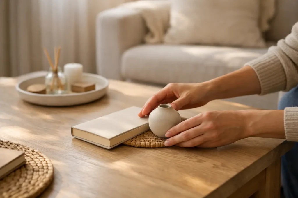 hands organizing coffee table during household reset system in a minimalist living room