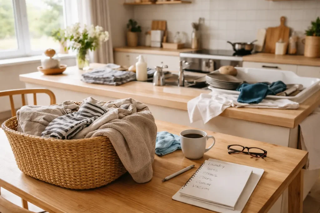kitchen with laundry basket, dishes and to-do list showing multiple household tasks happening at once