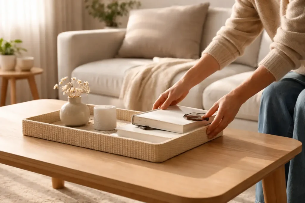 person organizing living room table using a simple home organization system