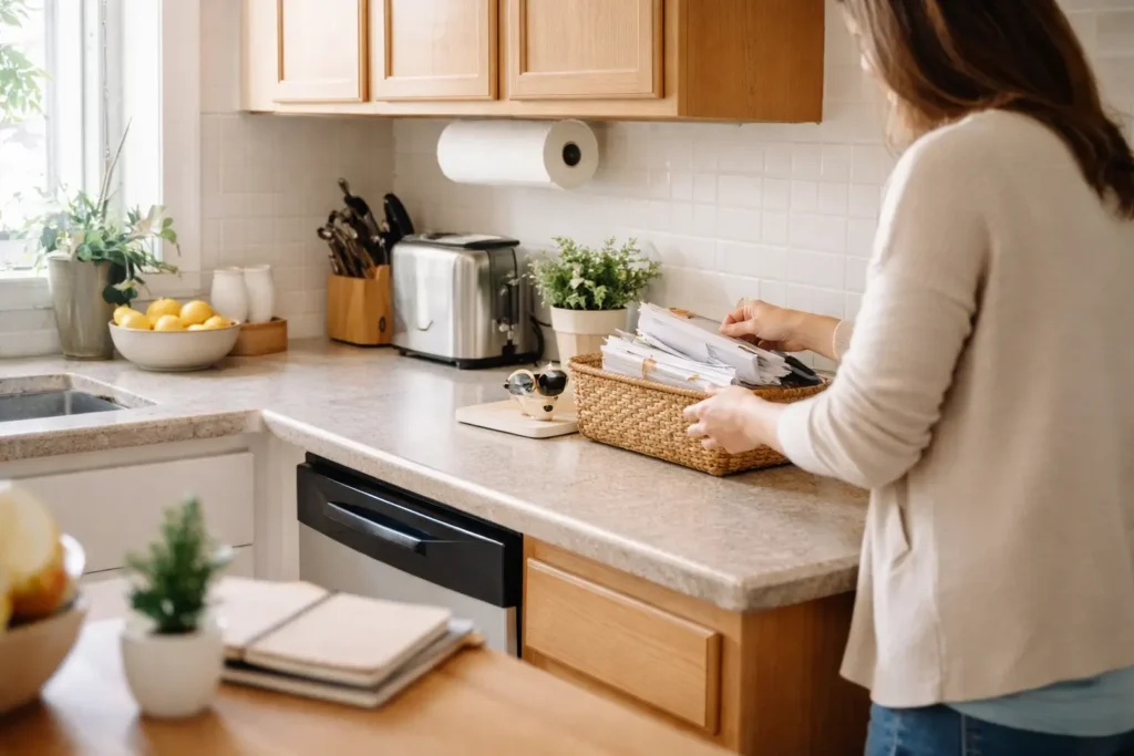 person organizing papers on a kitchen counter during a daily reset routine to prevent clutter