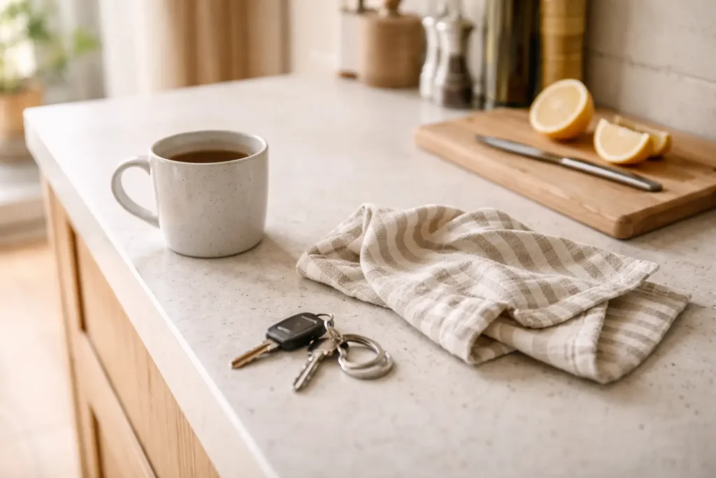 minimalist kitchen counter with mug, cloth and small everyday items showing a clean but lived-in home environment