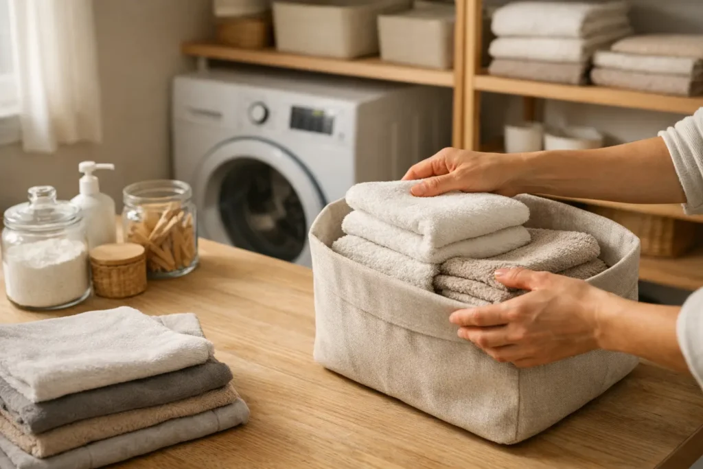 person folding towels and organizing laundry basket using everyday order method home system