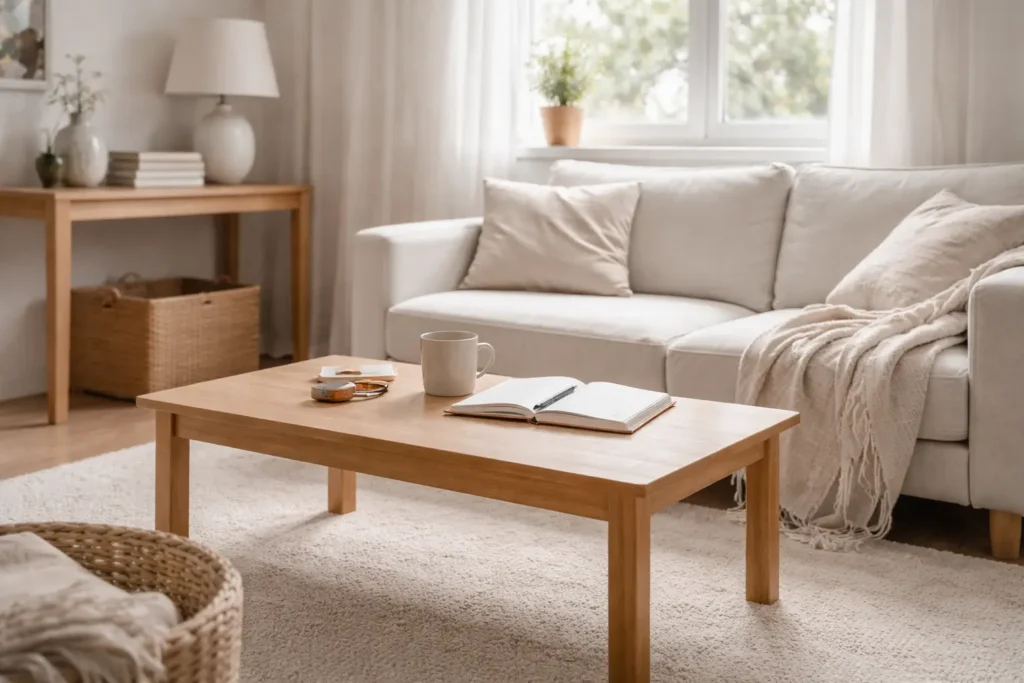 minimalist living room with soft natural light, slightly messy sofa and everyday items on coffee table