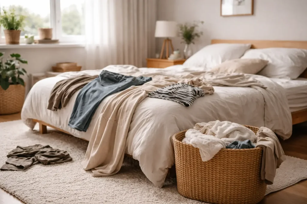 bedroom with clothes on bed and laundry basket showing common causes of bedroom clutter