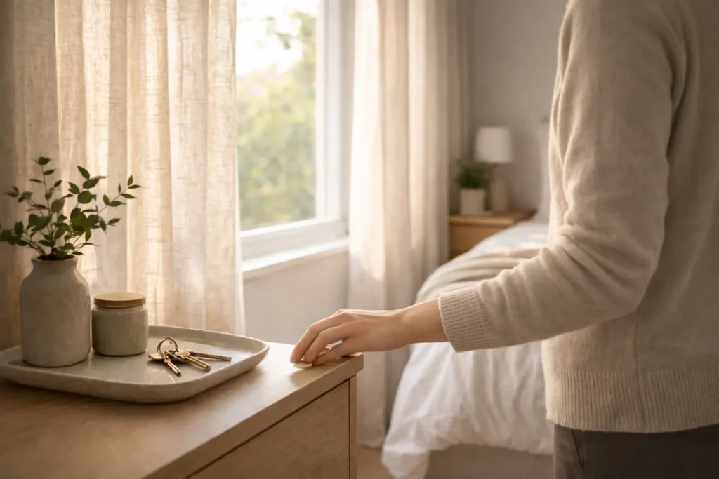 person placing keys on a dresser during a morning home organization routine in a minimalist bedroom