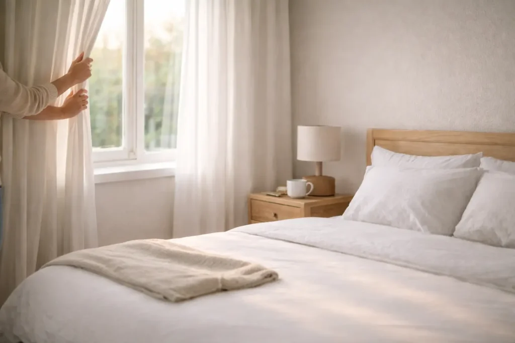 Morning home reset routine in a minimalist bedroom with natural morning light entering through white curtains.