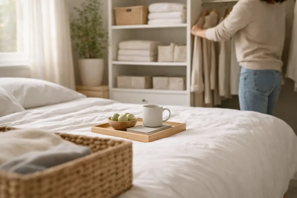 person organizing clothes in a clean and organized bedroom during a daily home reset routine