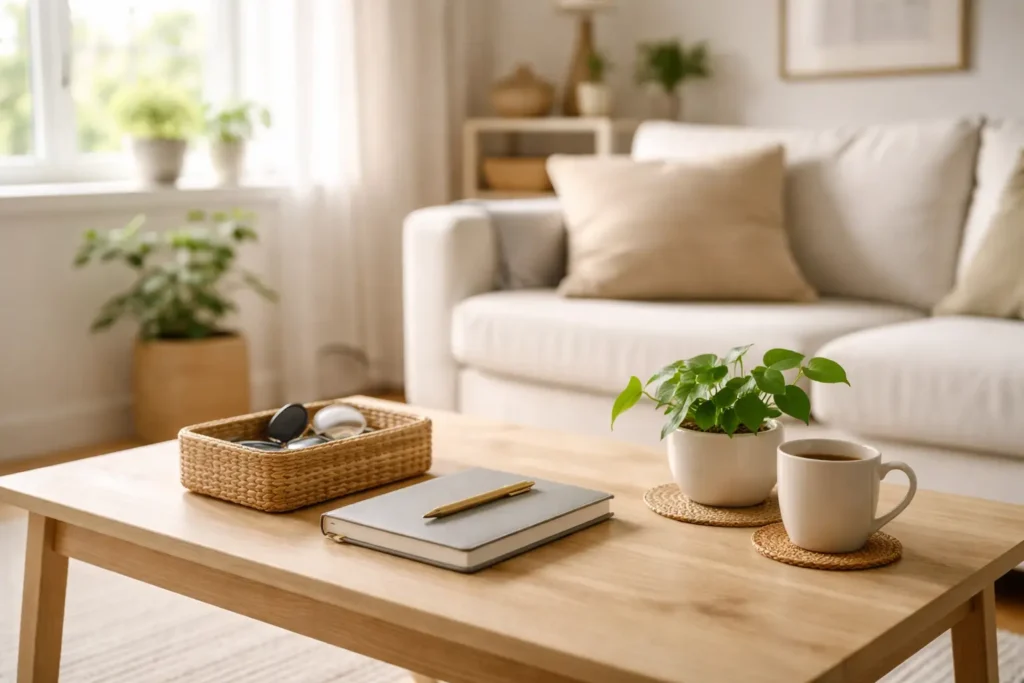 Organized living room coffee table with everyday items like a mug, notebook and small basket in a calm minimalist home interior.