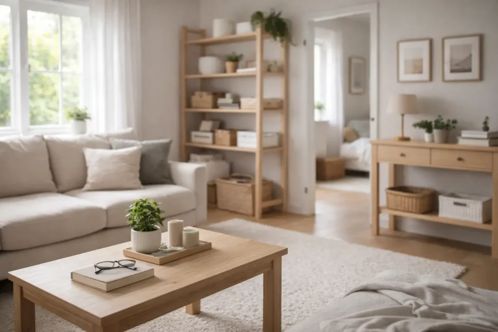 Bright minimalist living room with organized shelves, neutral tones and natural light creating a calm and tidy home environment
