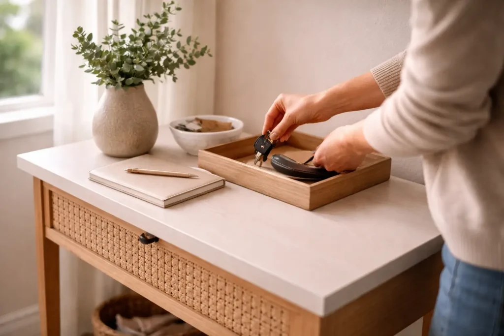 Prevent clutter daily habits example: organizing keys and small everyday items on a tidy entry table in a minimalist home interior.
