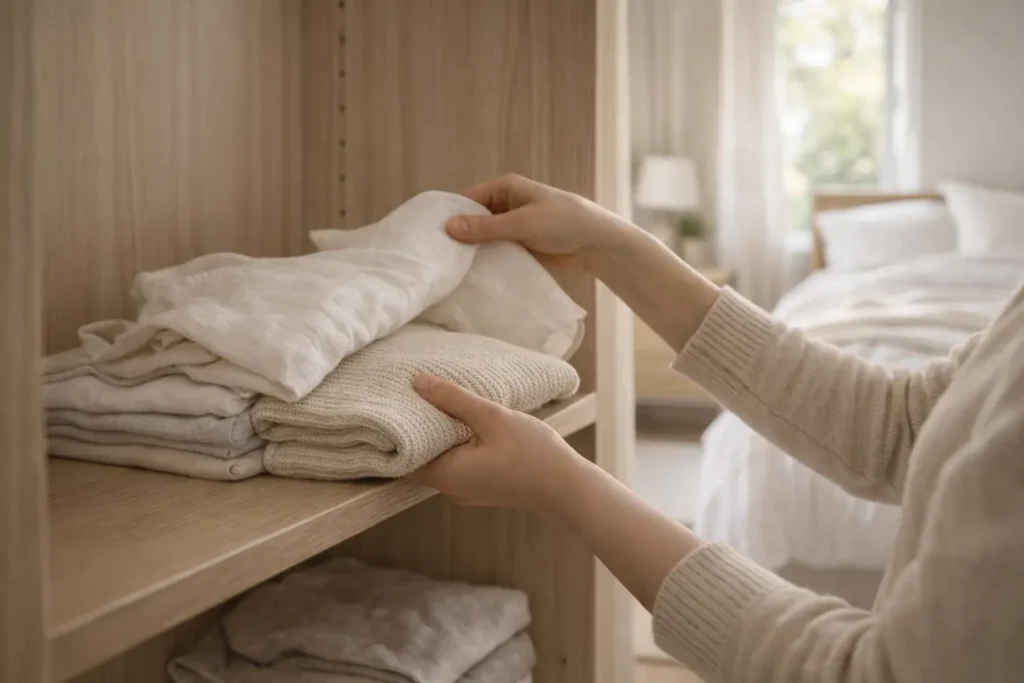 person organizing folded seasonal clothes on a closet shelf during a seasonal home reset routine