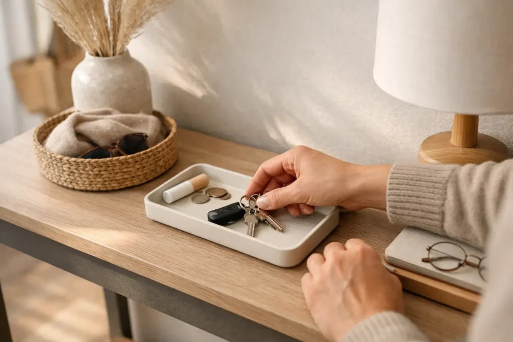 person placing keys in a tray on an entryway table as part of a simple home organization system
