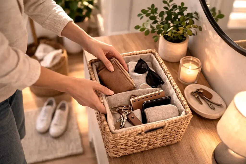 person organizing entryway storage basket during a sunday home reset routine