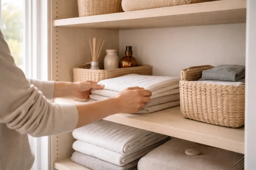 Weekly habits for home organization with neatly folded towels and storage baskets on a minimalist closet shelf.