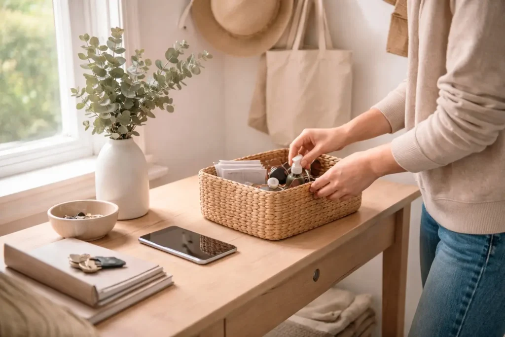 person organizing everyday items in a basket as part of a weekly home organization checklist