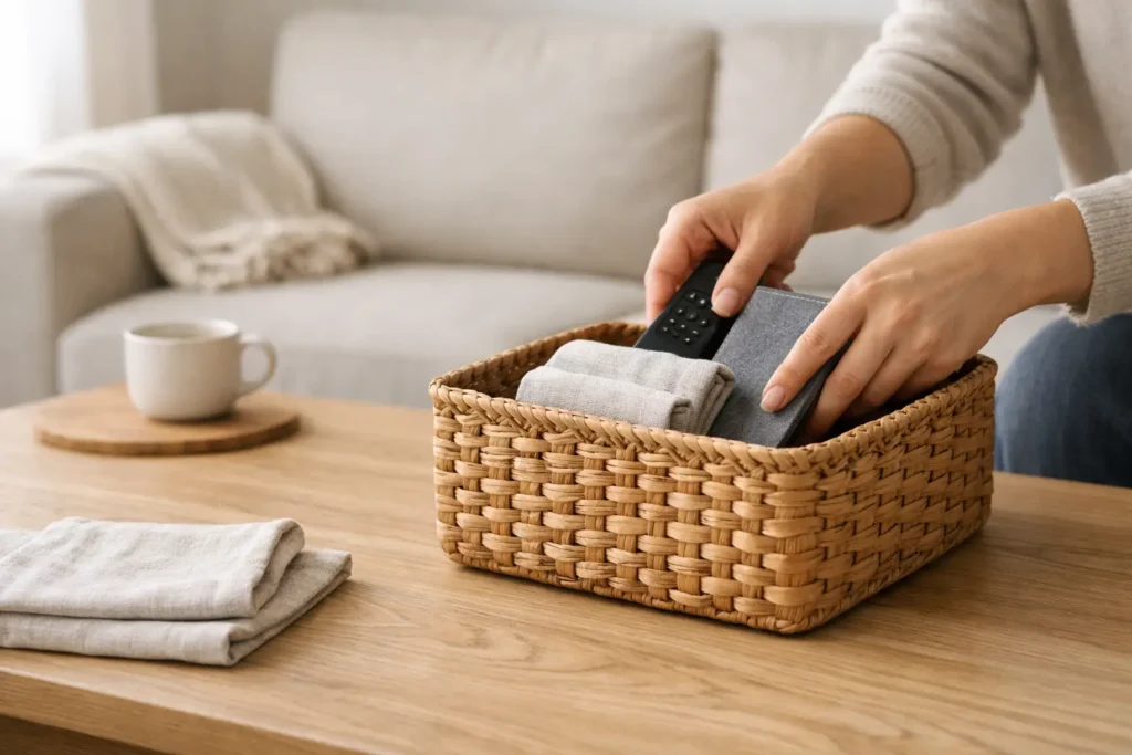 hands placing everyday objects into a woven basket during a weekly home reset routine in a minimalist living room
