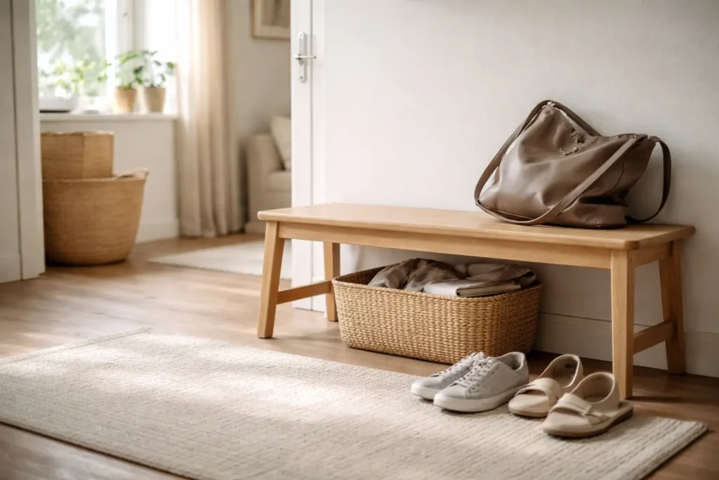 organized home entryway with natural light, shoes, bench and basket showing a realistic everyday home environment