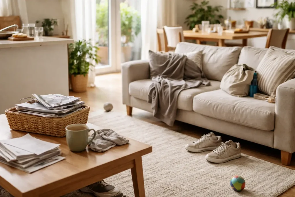 living room with everyday clutter and natural light showing how a home gets dirty quickly in daily life