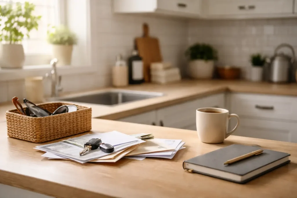 small household items accumulating on kitchen counter creating clutter
