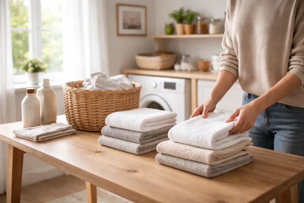 Person folding clean laundry on a wooden table in a bright minimalist laundry room with natural light and neutral tones