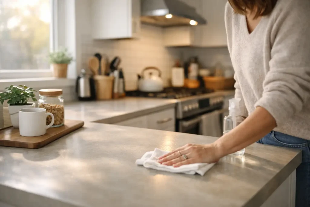 person wiping a clean kitchen counter as part of a home organization routine