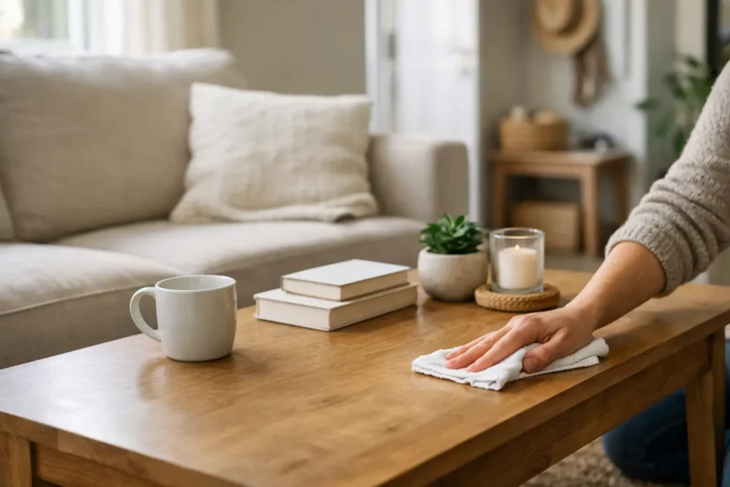 daily cleaning checklist routine in a clean living room with a person wiping a wooden coffee table