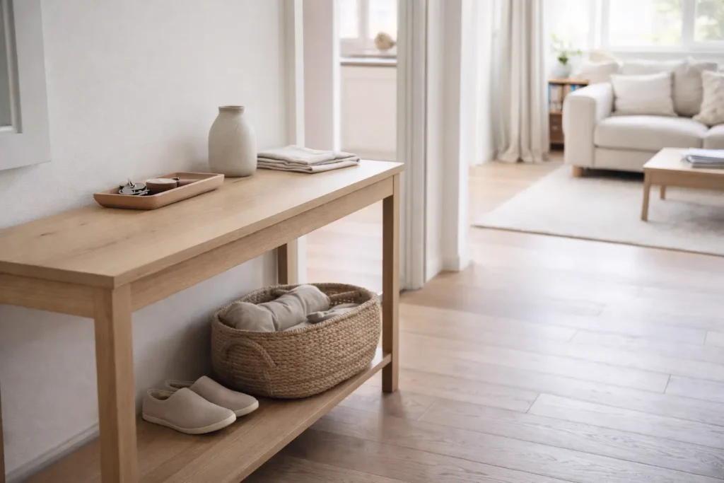 organized home entryway with minimalist storage and daily routine system in a neutral living space