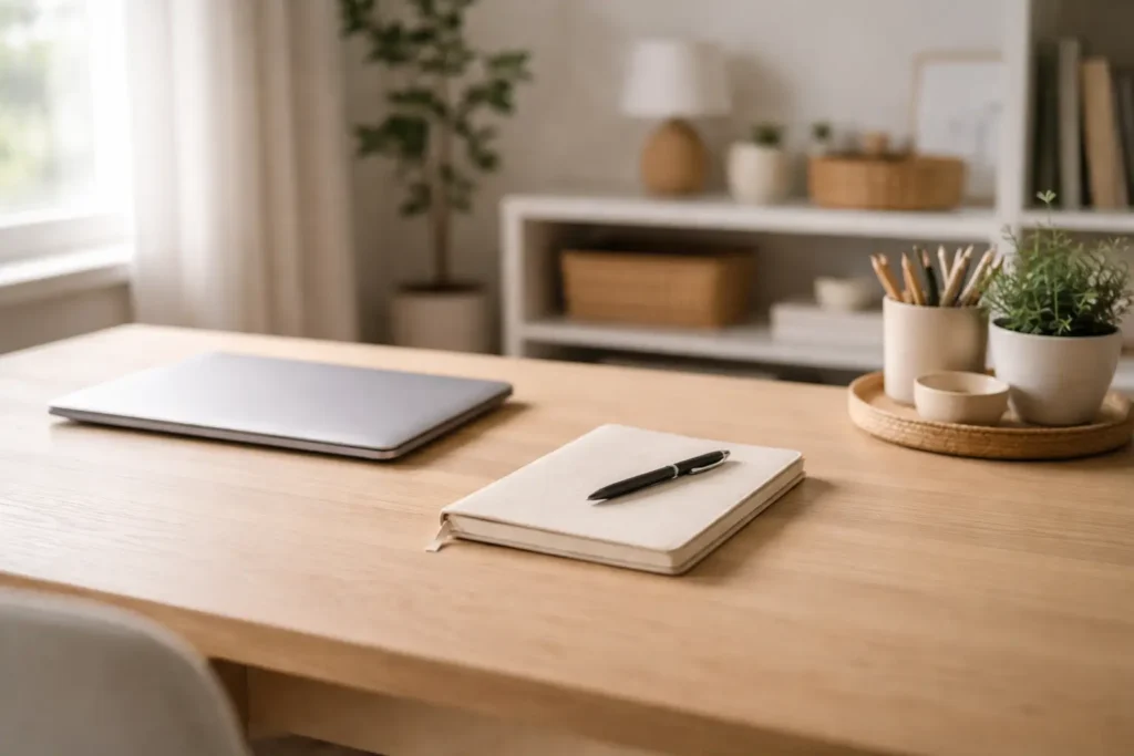 minimalist organized workspace representing a household systems blueprint and structured home organization system