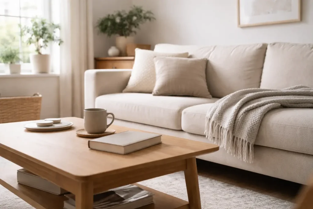 clean and organized living room with minimal clutter representing how to keep a house clean when busy