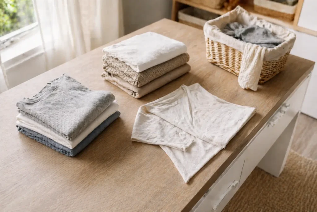 organized laundry folding area with partially folded clothes showing how to keep laundry under control daily