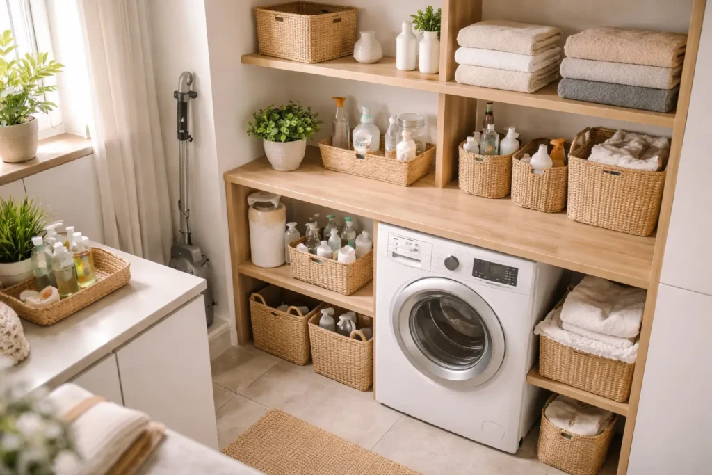 organized laundry and storage space representing a monthly household maintenance checklist system in a modern home