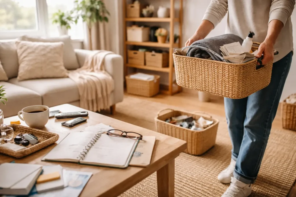 person organizing living room with basket and everyday items showing effort to keep house organized