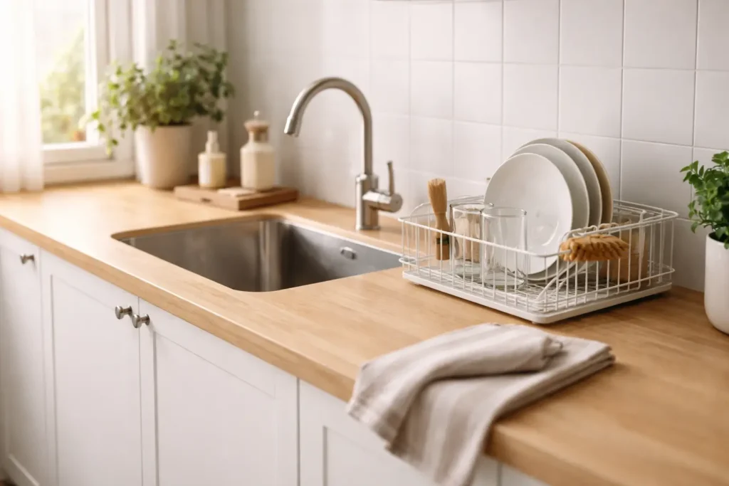 clean and organized kitchen sink area representing a preventive home maintenance routine in a busy home