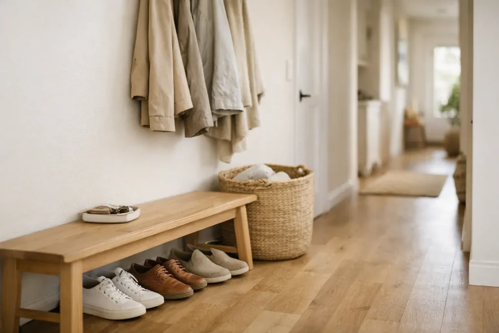 organized home entryway with shoes and storage representing a seasonal home maintenance checklist system
