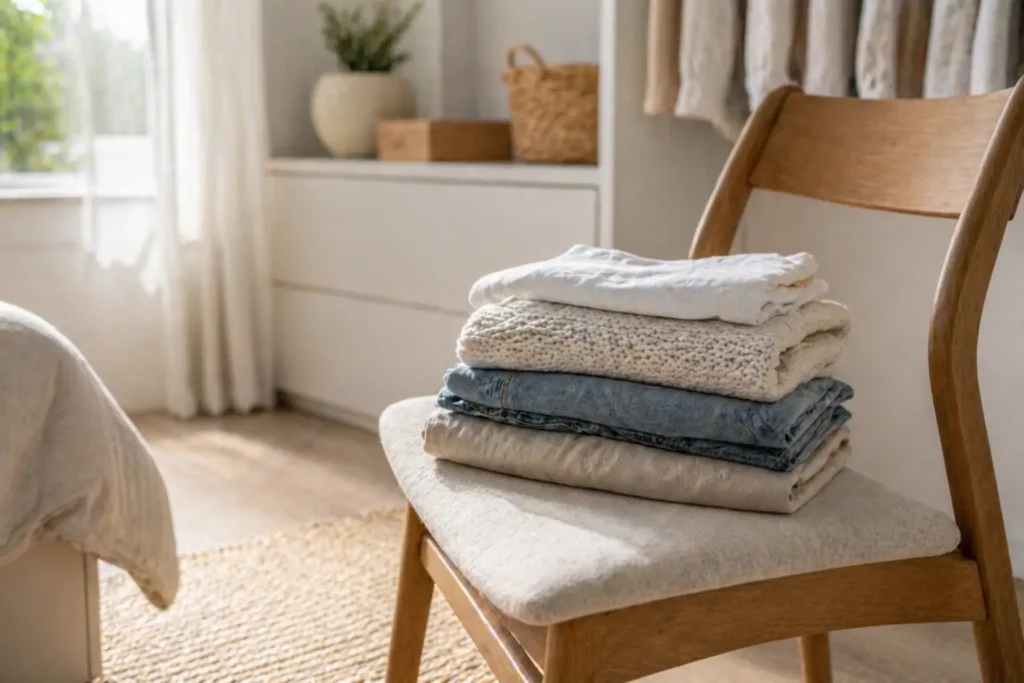 chair with neatly folded clothes showing a simple laundry routine that actually works in a home